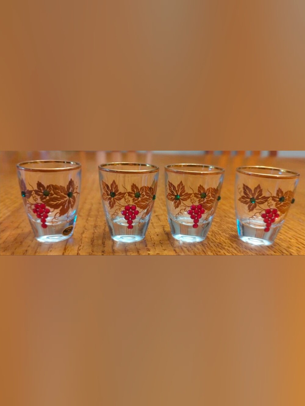 4 Shot Glasses Grape Vine Design w/ Rhinestones from Germany